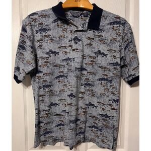 Bluewater Wear Mens M Fish Lure All Over Print Polo Shirt Grey Blue USA Made‎